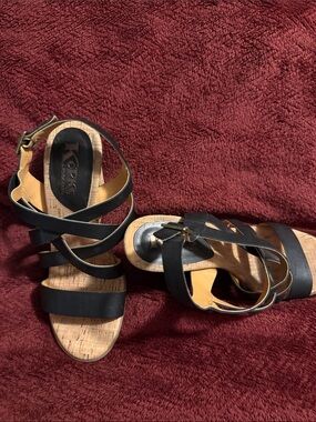 Kork-Ease Black Strappy Cork Wedge Sandals